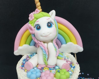 Edible Unicorn Doll Girl Rainbow Name Handmade Birthday Christening Cake Topper