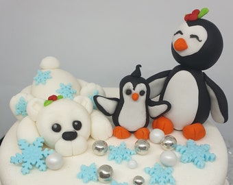 Handmade Christmas Winter Polar Bear Penguin Edible cake Toppers Decoration