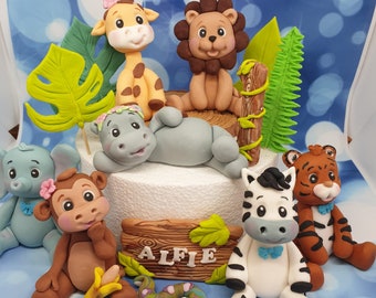 Jungle Animals Edible Safari Theme Tropical Leaves Cake Toppers Baby Shower Christening First Birthday Personalised Cake Decoration