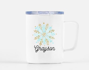 Kids Hot Chocolate Mug - Personalized Gifts - Snowflake Mug - Holiday Decor - Boys Hot Cocoa Mug - Travel Coffee Mug - Unbreakable Mug