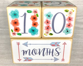 Baby Age Blocks - Baby Milestone Blocks - First Day of School Photo Prop - Watercolor Flowers & Arrows - Blue Coral Grey - Baby Shower Gift