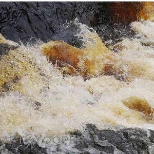 May include: Close-up of a rushing river with white water and a dark brown rocky bottom.