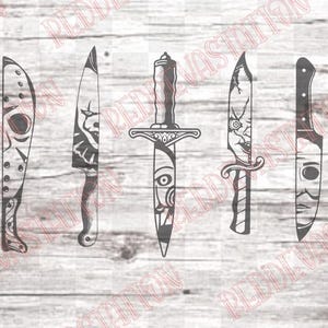 May include: A set of seven black and white knives with different designs. Each knife has a face on the blade.
