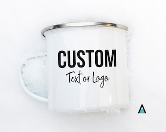 Campfire mug, Enamel mug, custom mug, tin cup, camping mug, logo, personalized coffee cup, photo cup, steel mug, custom gift
