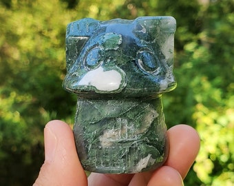 Moss Agate Mushroom house carving, Fairy carving, Crystal Carving, Druzy Moss Agate