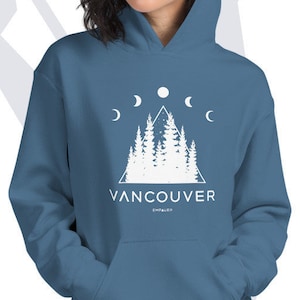 Vancouver, PNW Hoodie, Pacific Northwest, Unisex Hoodie, Mountains, Line Art design, Moon, trees, British Columbia, Outdoor, nature, camping