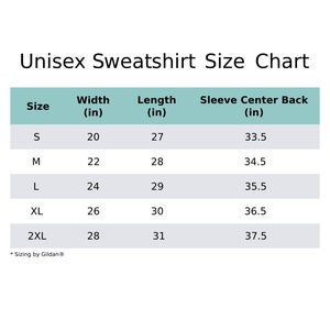 K&ouml;nnte beinhalten: Unisex-Sweatshirt-Gr&ouml;&szlig;entabelle mit Ma&szlig;en in Zoll f&uuml;r die Gr&ouml;&szlig;en S, M, L, XL und 2XL. Die Tabelle zeigt die Ma&szlig;e f&uuml;r Breite, L&auml;nge und &Auml;rmelmitte hinten.