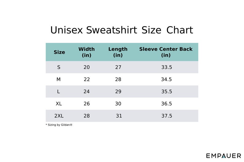 K&ouml;nnte beinhalten: Unisex-Sweatshirt-Gr&ouml;&szlig;entabelle mit Ma&szlig;en in Zoll f&uuml;r die Gr&ouml;&szlig;en S, M, L, XL und 2XL. Die Tabelle zeigt die Ma&szlig;e f&uuml;r Breite, L&auml;nge und &Auml;rmelmitte hinten.