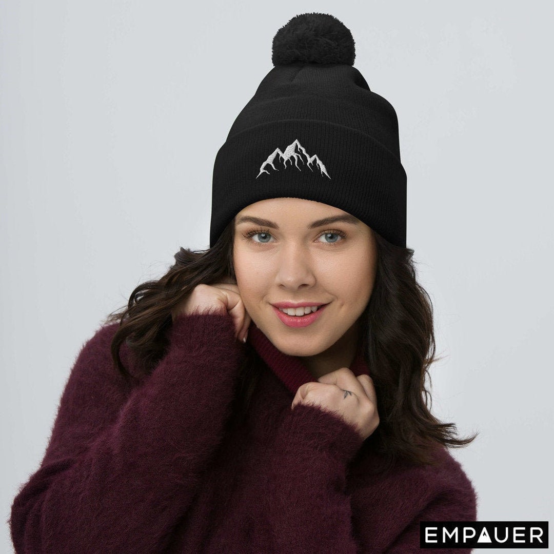 Mountains Pom Pom Beanie MOUNTAIN Hat Embroidered Hiking Etsy