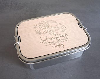 Camping-Lunchbox für dein Wohnmobil (Edelstahl-Box 1200 ml) - inkl. Buche Holzbrett mit Gravur