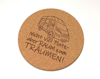 Coasters for campers - made of cork for glasses/cups - with a camper van/van motif and 4 sayings about the camping feeling