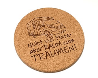 Coasters for campers - made of cork for glasses/cups - with camper van motif and 4 sayings about the camping feeling