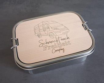 Camping-Lunchbox für deinen Kastenwagen (Edelstahl-Box 1200 ml) - inkl. Buche Holzbrett mit Gravur