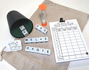 Game for dog lovers - using letter dice to spell words "All about dogs"