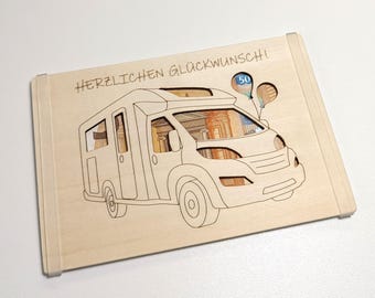 Camper-themed greeting card for cash gifts - with camper van motif - wooden birthday card