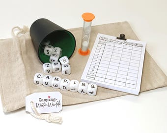Game "Camping Word Dice" with letter dice Words - as a travel game in a linen bag