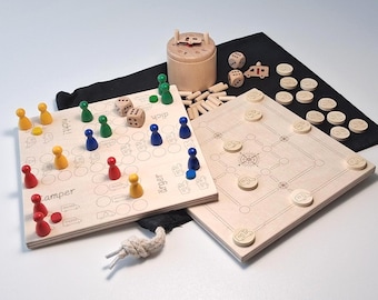 Camping Games Set 2+1 made of wood - our popular Camper Trouble! + Camper Connect Six and the Camper Nine Men's Morris game included for free
