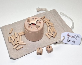Wooden dice game "Dachshund 6 in a Row" - special dachshund edition with extra playing piece - as a travel game in a linen bag