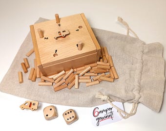 Wooden dice game "Camper 6 in a Row" - special camping edition with extra playing piece - wooden box in a linen bag (larger version)