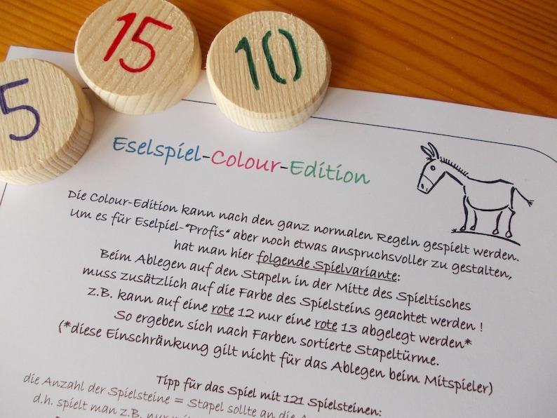 Das Eselspiel in der 121-teiligen Version als bunte Colour-Edition aus Massivholz Lege/Stapelspiel für 2-8 Spieler, personalisierbar Bild 6