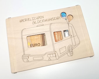 Camper-themed greeting card for cash gifts - with caravan motif - wooden birthday card