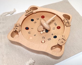 Wooden game "Camper Roulette" - special edition with decorative camping vehicles - as a travel game in a linen bag