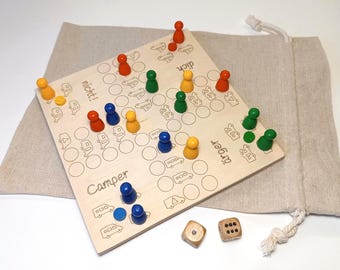 Camper Ludo made of wood - travel game board with engraving: Camping vehicles (caravan, motorhome, bus, campervan) - Camper, don't get angry!