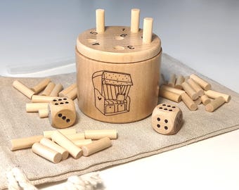 Wooden dice game "Connect Six" for your seaside holiday - small travel game in a linen bag