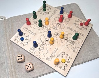 Ludo for dog lovers - Wooden game board with engraving: Dachshund, Gold Retriever, Bulldog, German Shepherd - No teasing allowed with four paws!