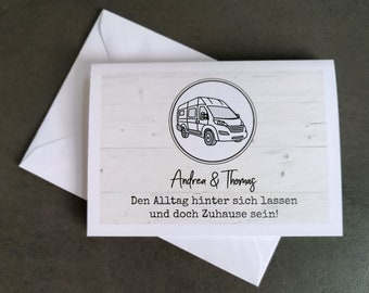 Personalized camper greeting card with camping saying and camper van motif (panel van) - greeting card