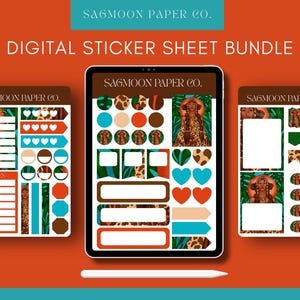 Puede incluir: Paquete de hojas de pegatinas digitales con una tableta y dos hojas más pequeñas. Las pegatinas son marrones, naranjas, turquesas y blancas, con estampados de animales e ilustraciones. El texto "SAGMOON PAPER CO." y "DIGITAL STICKER SHEET BUNDLE" son visibles.