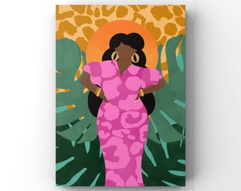 Black Woman Art Print: Arie, Pink Dress, Tropical Leaves (Digital Download)