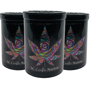 May include: Three black cylindrical containers with a colorful marijuana leaf design and the text "DC Crafts Nation" on the front.