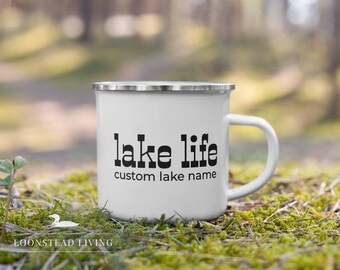 Personalized Lake Life Enamel Camper Mug • Custom Lake Name Camping Cup