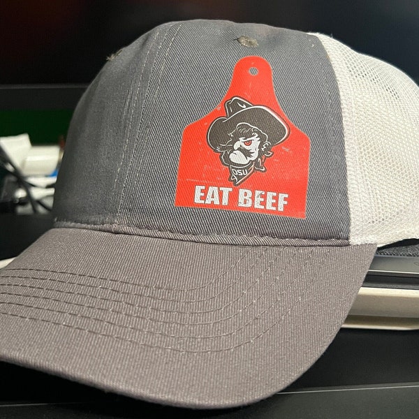 Pistol Pete-Oklahoma State cattle tag hat-Eat Beef, Cap, Trucker Hat