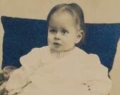 Cabinet Card Baby with Bad Hair wearing a White Sitting on a Cushioned Chair Photographer Ely Duluth MN Minnesota