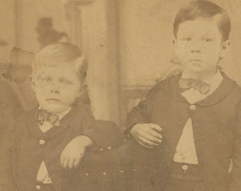 CDV Two Serious Little Boys, One with Blond, one Dark-Haired in Matching Suits