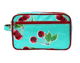 IKURI Cosmetic Bag Make-up Case Washbag Toilet Bag Toiletry Kit Necesaire from Mexican Oilcloth Waterproof - Cerezas turquoise