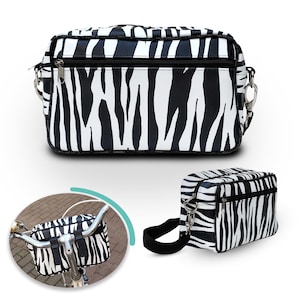 Handlebar Bag Bike Bag Bicycle Front Bag Waterproof with Detachable Shoulder Strap, Printed Tarpaulin for Women  - Zebra