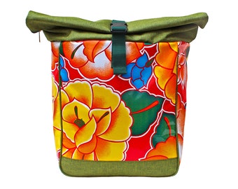 2in1 KOMBI Bicycle Bag / Backpack Waterproof For Woman Rolltop Bike Bag Pannier - Design Tehuana Red