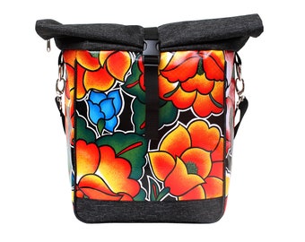 IKURI waterproof bicycle bag bike panniers from oilcloth, with blossom pattern, retro look, with shoulder strap Tehuana black