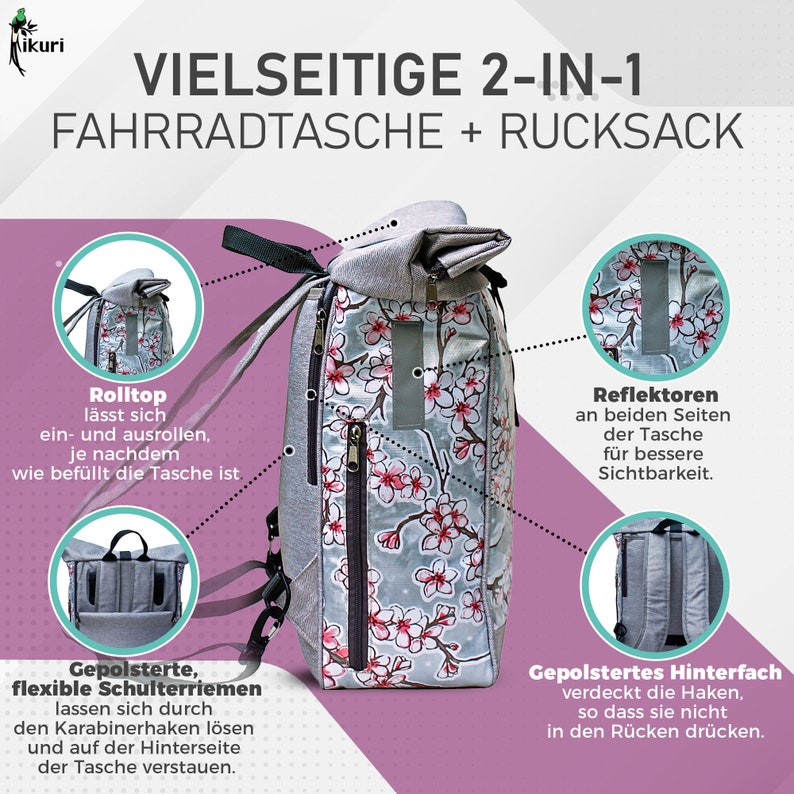 2in1 Bicycle Bag / Backpack KOMBI Waterproof For Woman Rolltop Bike Bag Pannier Design Hanami silber image 6