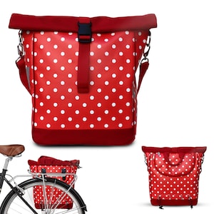 IKURI waterproof bicycle bag bike panniers from oilcloth, red with polka dots, retro look, with shoulder strap