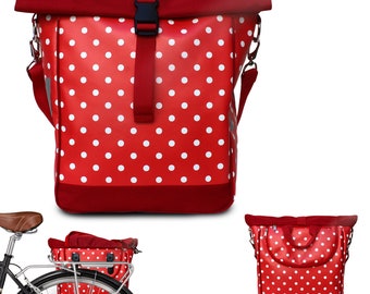 IKURI waterproof bicycle bag bike panniers from oilcloth, red with polka dots, retro look, with shoulder strap