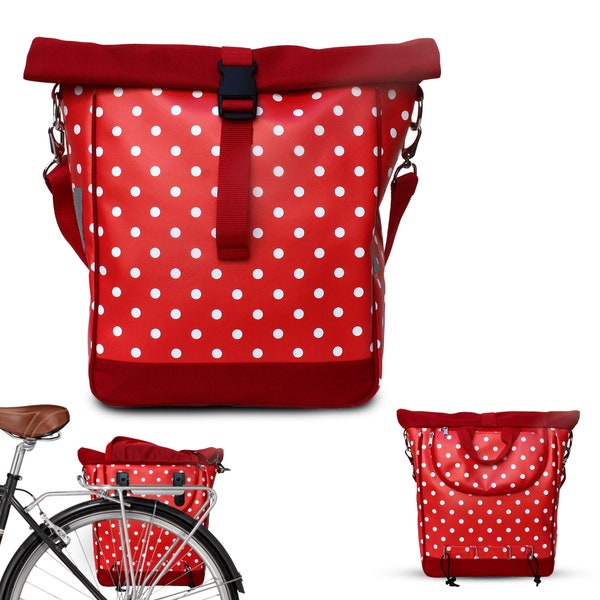 Fahrradtasche für Gepäckträger Satteltasche Packtasche aus bedruckter Plane, rot gepunktet, wasserdicht, mit Tragegurt - Lunares rot