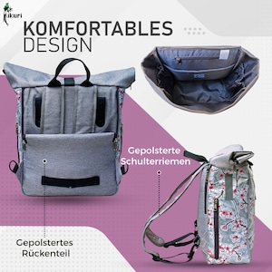 2in1 Bicycle Bag / Backpack KOMBI Waterproof For Woman Rolltop Bike Bag Pannier Design Hanami silber image 5