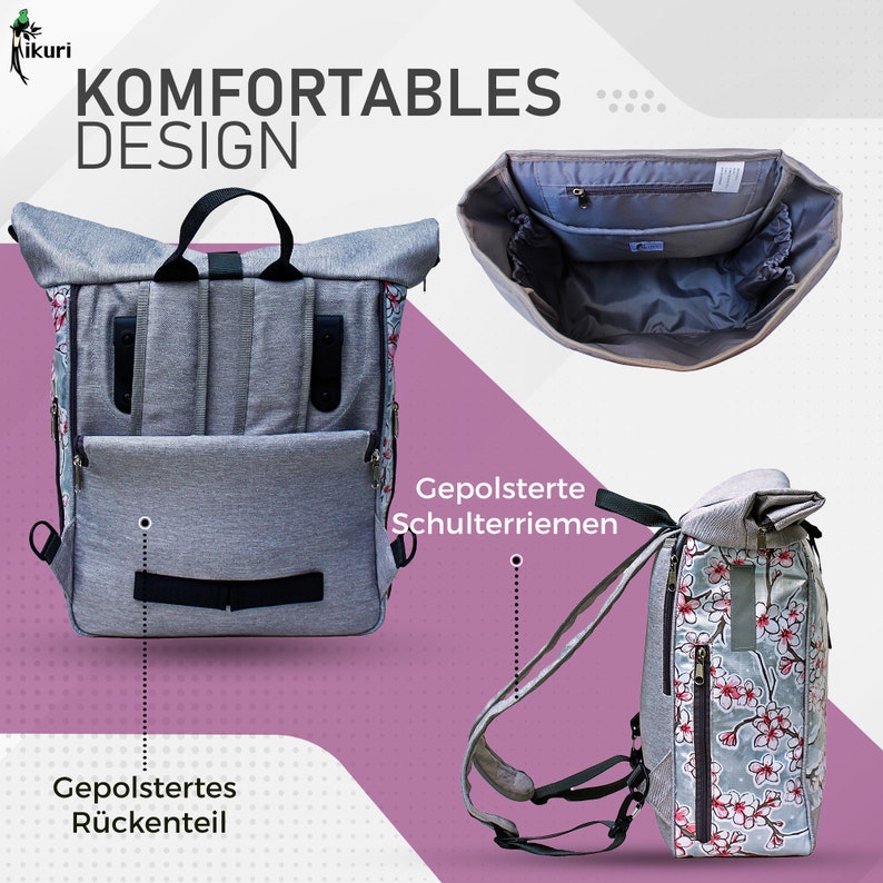 2in1 Bicycle Bag / Backpack KOMBI Waterproof For Woman Rolltop Bike Bag Pannier Design Hanami silber image 5