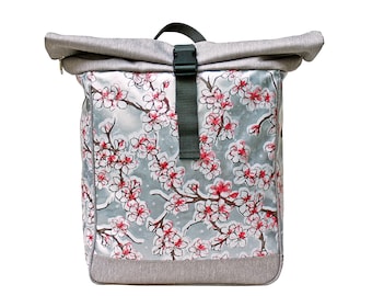 2in1 Fahrradtasche / Rucksack KOMBI Wasserdicht für Gepäckträger aus Wachstuch - Gepäcktasche Bike Panniers - Design Hanami silber