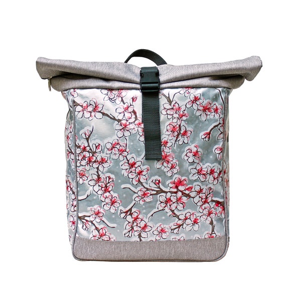 2in1 Bicycle Bag / Backpack KOMBI Waterproof For Woman Rolltop Bike Bag Pannier - Design Hanami silber