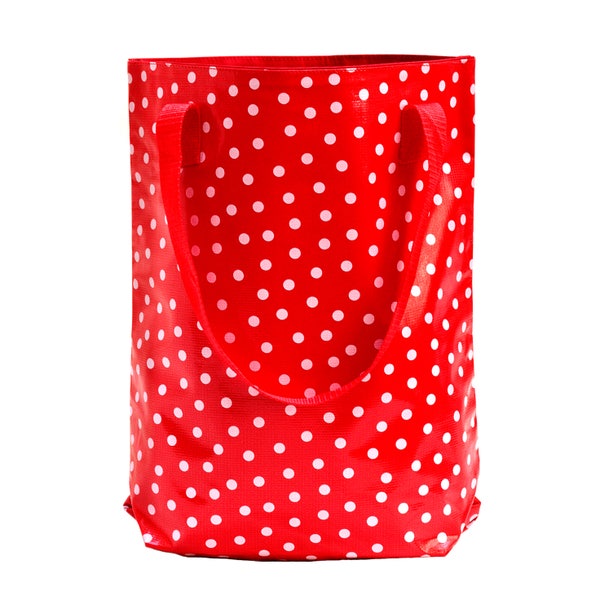 IKURI Shopping Bag Imperméable à l’eau - Tote Bag pour femmes Toile cirée Toile cirée Tote Bag Sac Rouge avec des Pois, Polka Dots